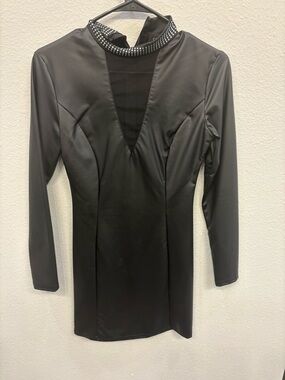 Black Long-Sleeve V-Neck Dress with Embellished High Collar